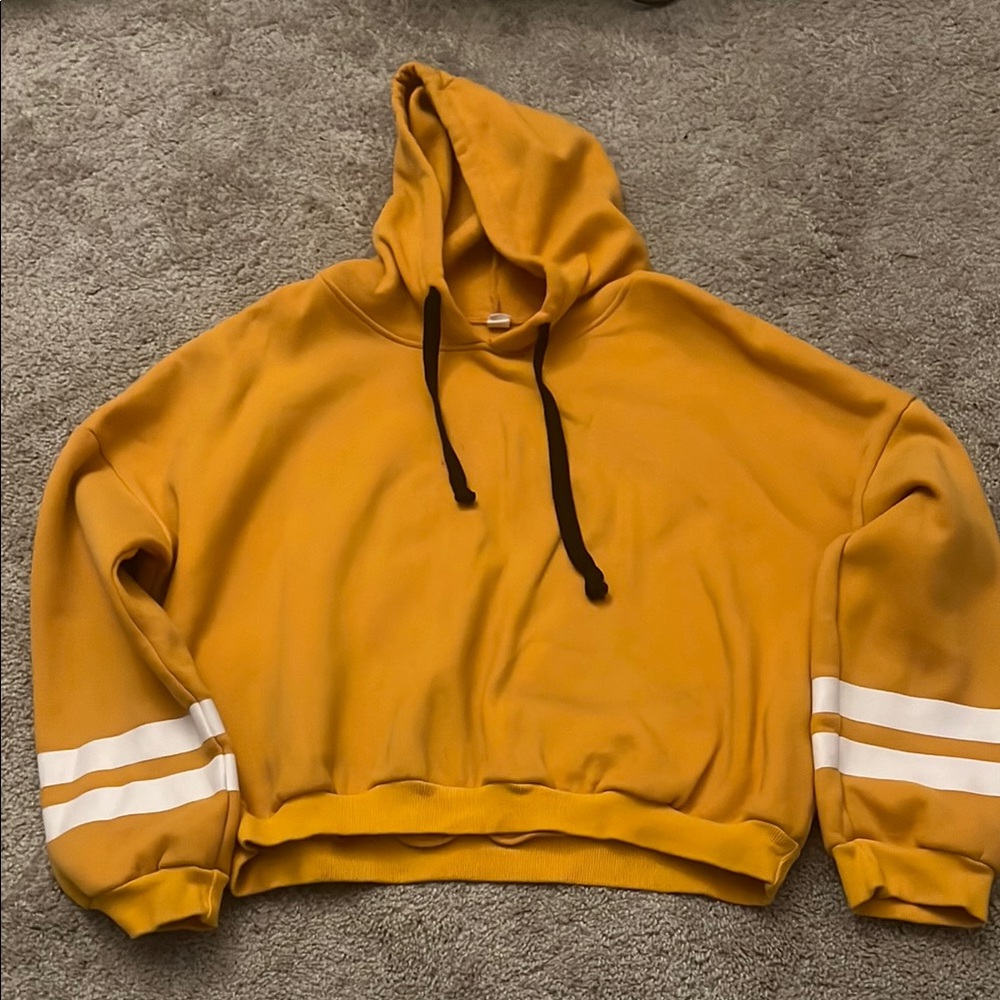 Yellow Cropped Hoodie with White Stripe Details